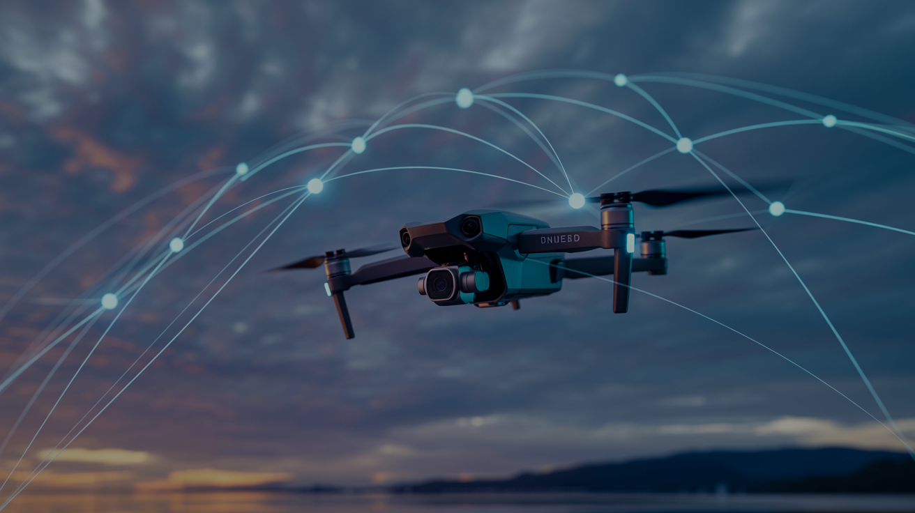 Autonomous drone in flight against dramatic sky with network connectivity overlay